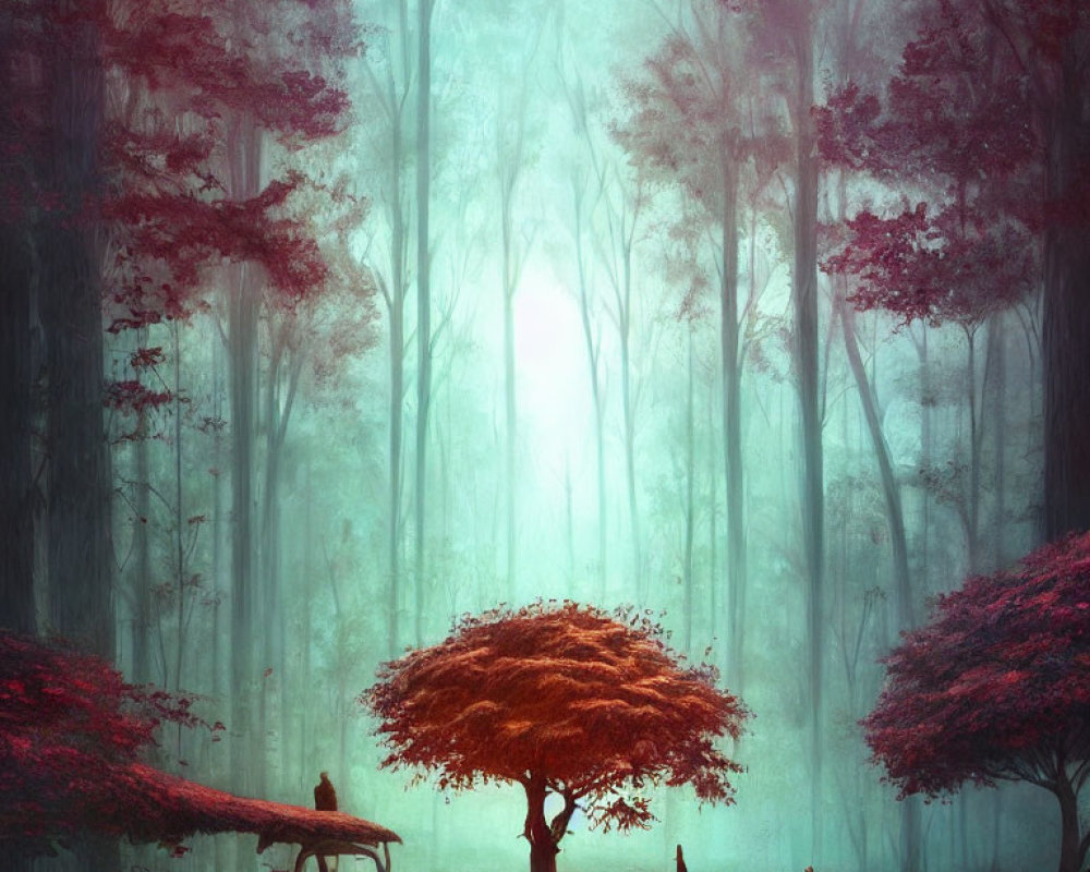 Enchanting red-leafed forest scene with figures and animals in mist