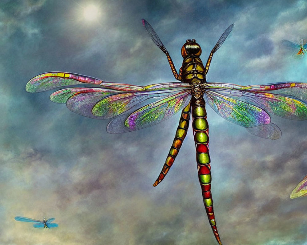 Colorful Dragonfly in Oversized Surreal Landscape with Humanoid Figure