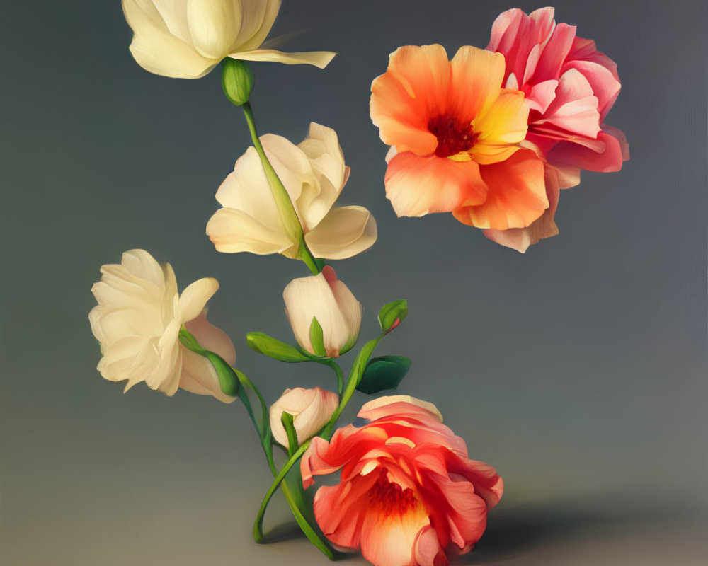 Assorted Flowers Digital Painting with Creamy White and Coral Blossoms