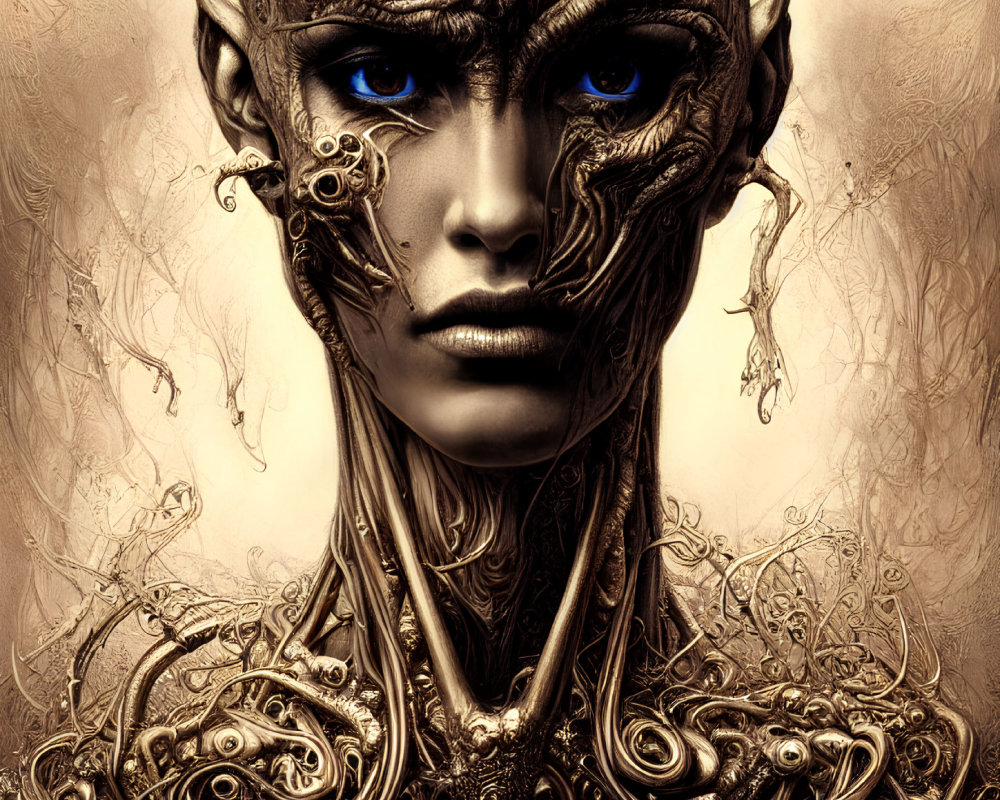 Metallic creature with intricate detailing and blue eyes, featuring humanoid and mechanical elements