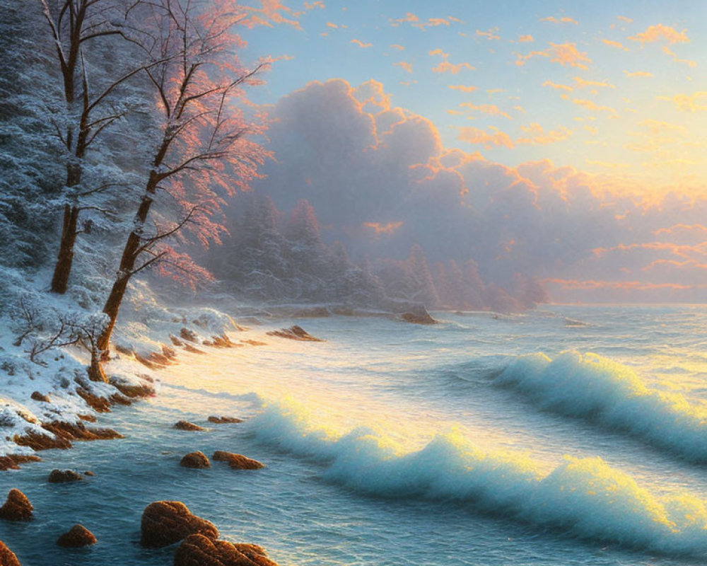 Tranquil snowy shoreline at sunrise with golden light and fluffy clouds