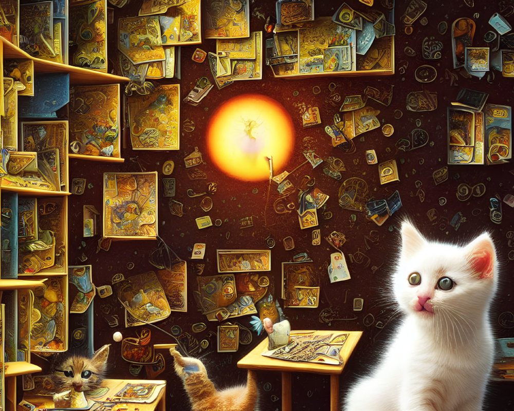 Whimsical room with flying books and glowing illustrations featuring a curious white kitten