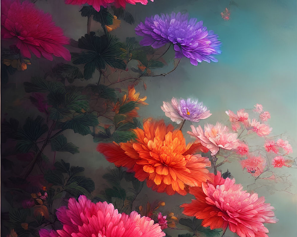 Colorful floral painting with red, pink, purple, and orange flowers on soft-focused background.