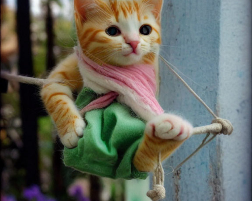 Miniature kitten toy in green outfit suspended by white strings against garden backdrop