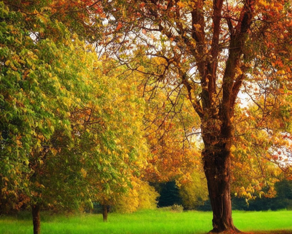 Vibrant autumn landscape with green, orange, and red leaves