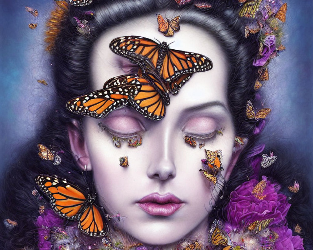 Woman's Face with Monarch Butterflies and Purple Florals