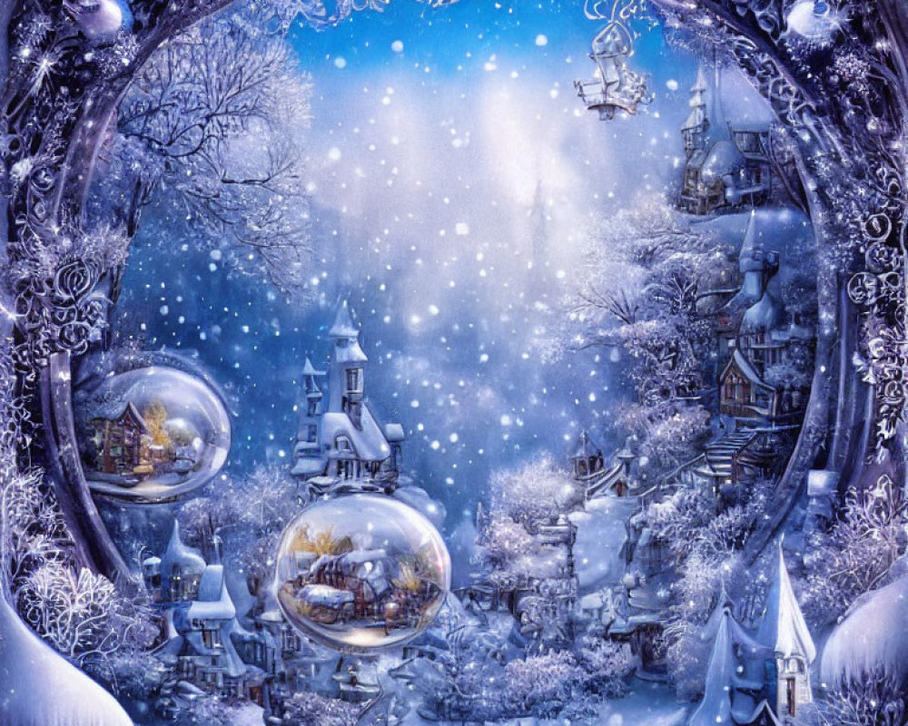 Snow-covered winter village scene with glowing snow globe and starry sky