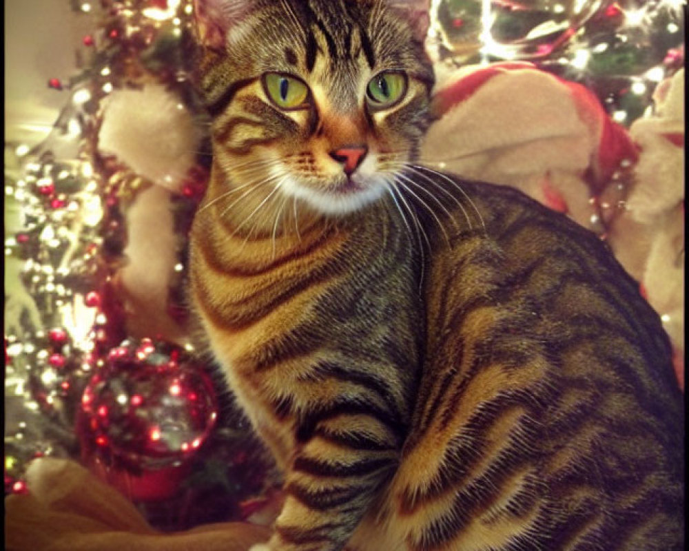 Tabby Cat with Green Eyes in Front of Christmas Tree