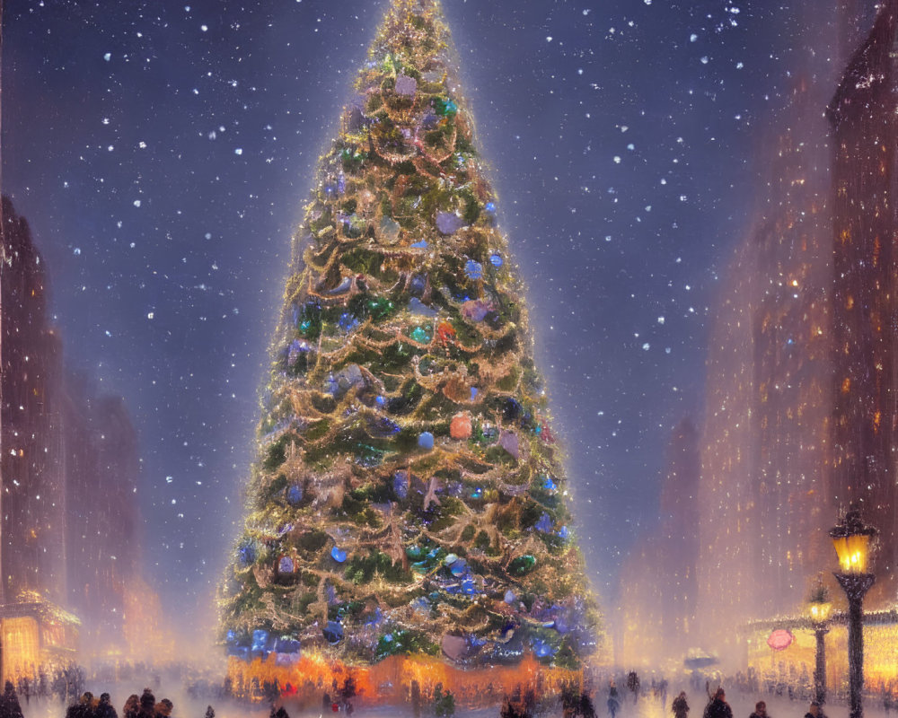 Festively decorated Christmas tree in snowy cityscape