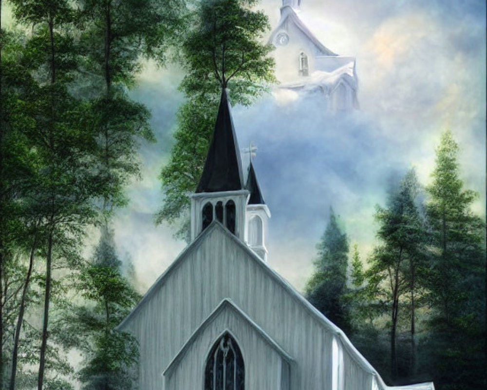 White church with steeple in misty forest with stream and ethereal light