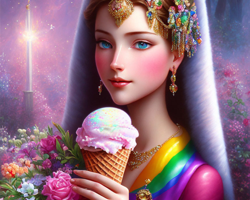 Illustrated woman in ornate jewelry and colorful dress with ice cream cone and glowing sword in vibrant floral