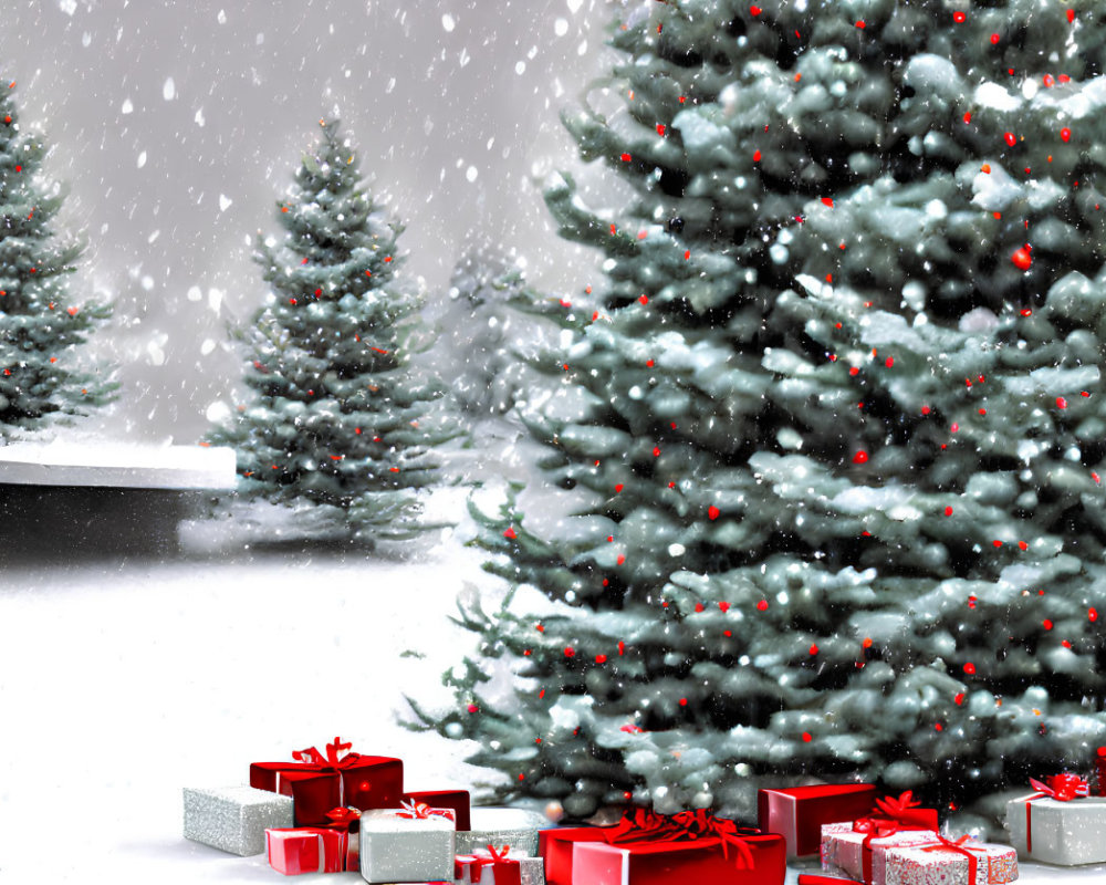 Snow-covered Christmas trees with red ornament decorations and wrapped gifts in snowy scene