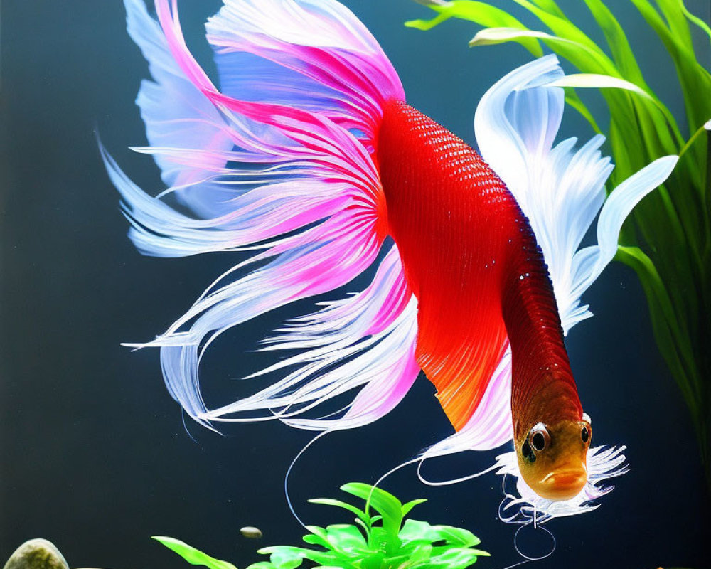 Vibrant red and white betta fish swimming in aquarium with pebbles and plants