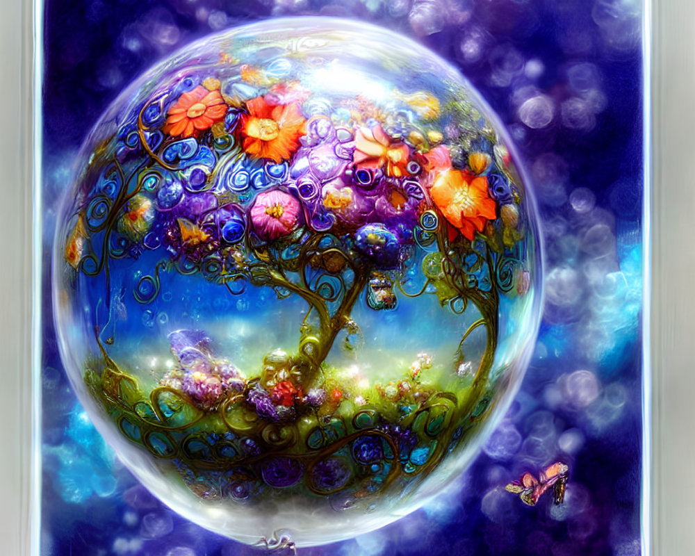 Vibrant artwork: luminous orb with flowers, butterfly, and swirling patterns on bokeh background