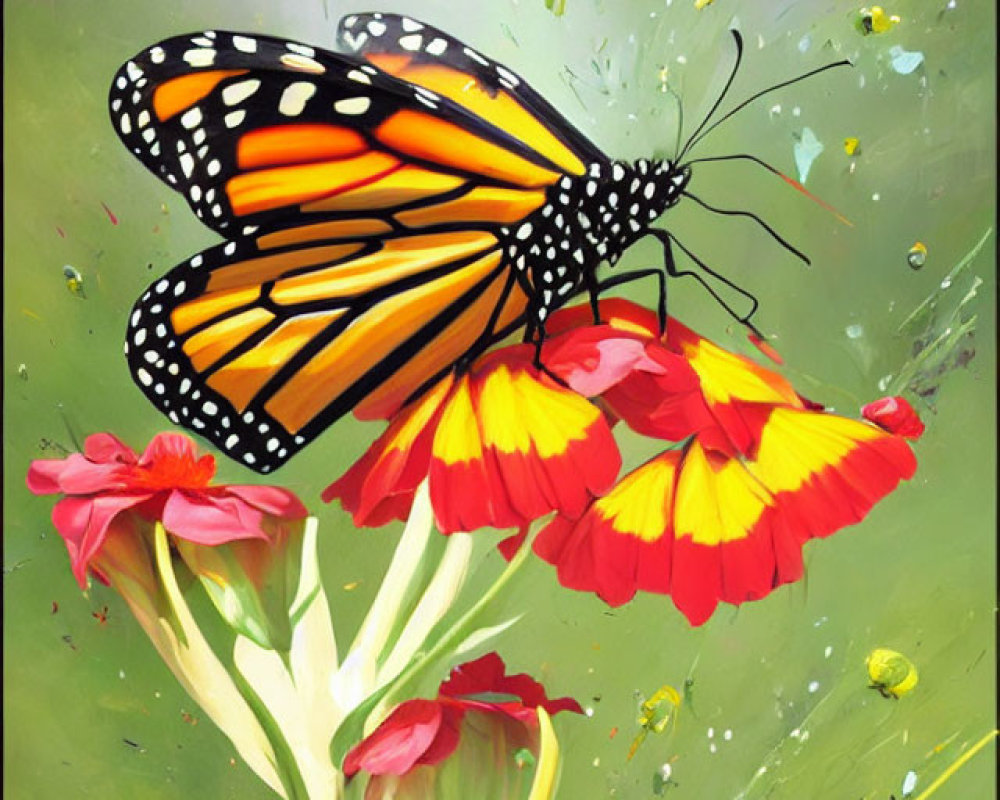 Colorful Butterfly Resting on Flowers in Green Background