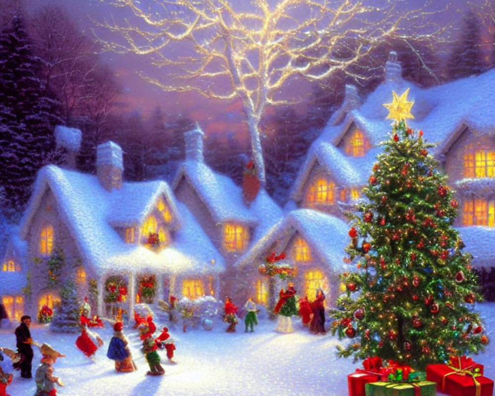 Snowy Christmas village with decorated tree and carolers