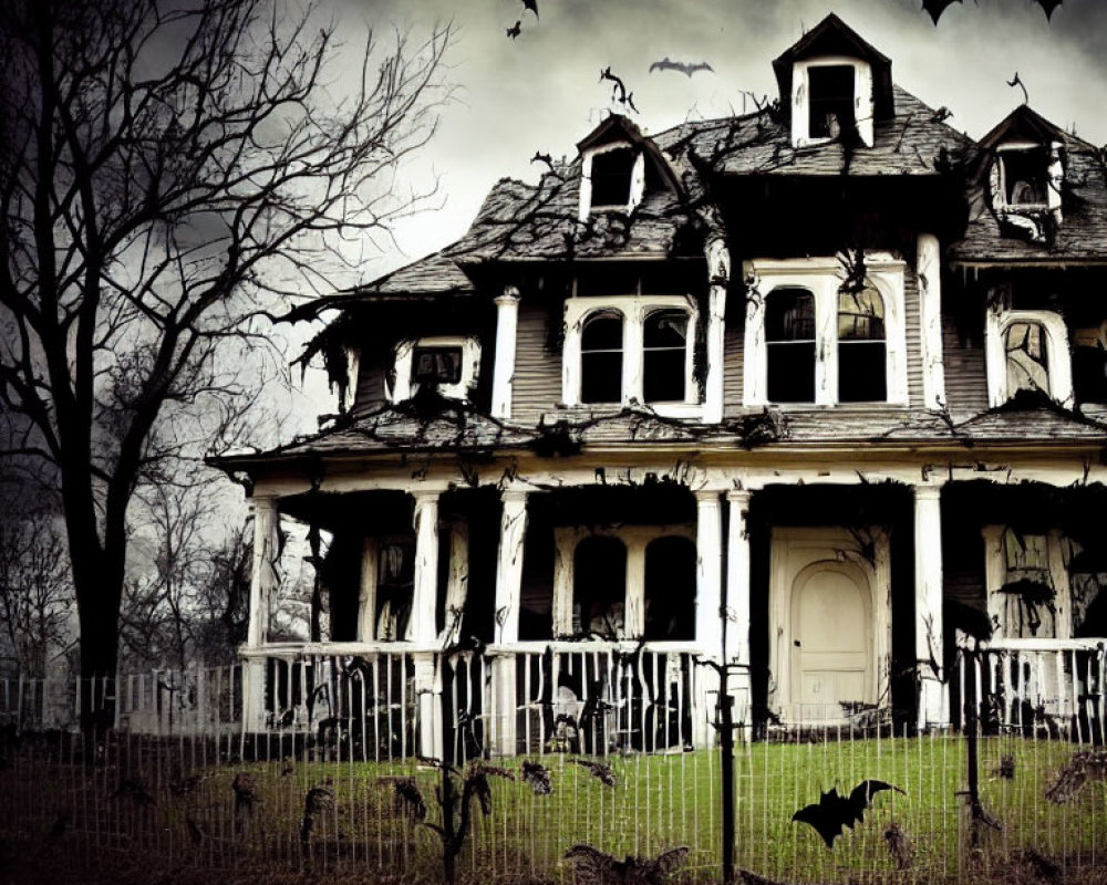 Eerie Victorian house with decrepit fence, barren trees, and bats in gloomy sky