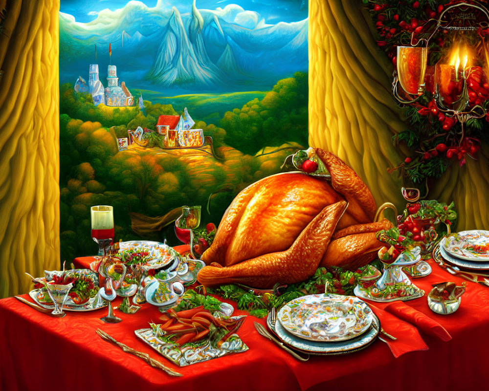 Festive table with roast turkey, dishes, and wine against fantastical landscape