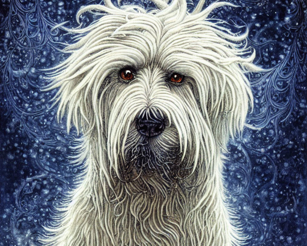 White Dog with Long, Curly Fur and Amber Eyes on Blue Starry Background