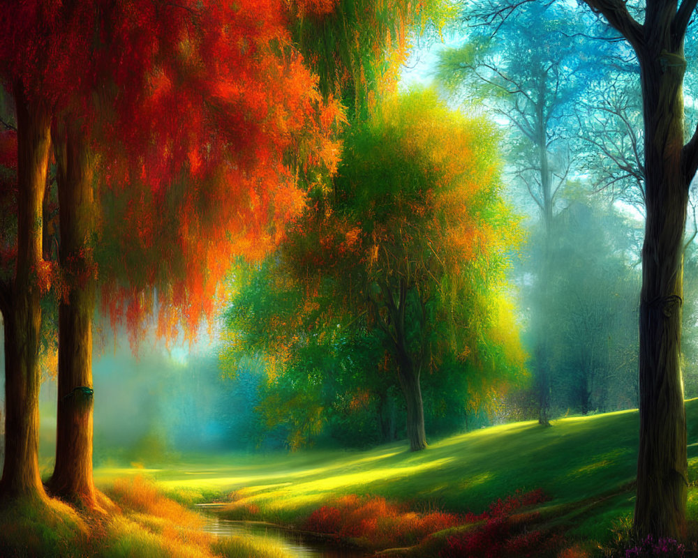 Colorful Autumn Forest with Sunlight and Stream