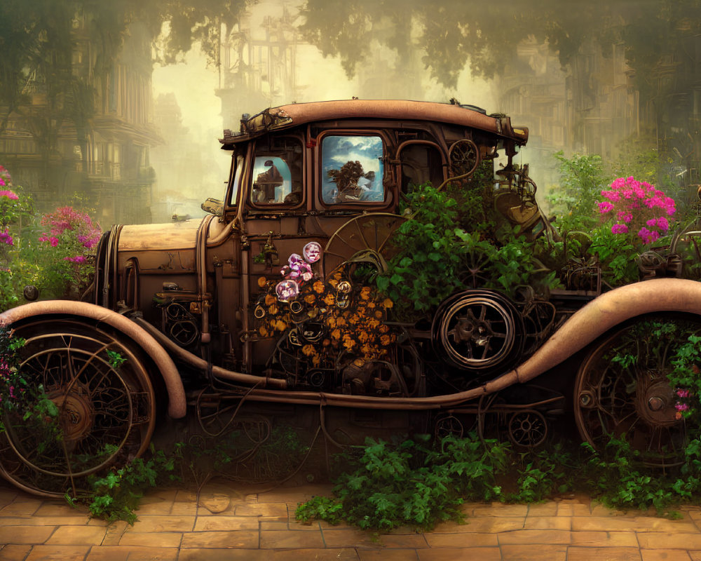 Vintage car in lush forest setting with dreamlike ambiance