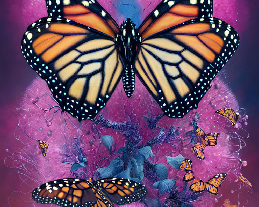 Colorful monarch butterfly with smaller butterflies and flowers on pink and blue background