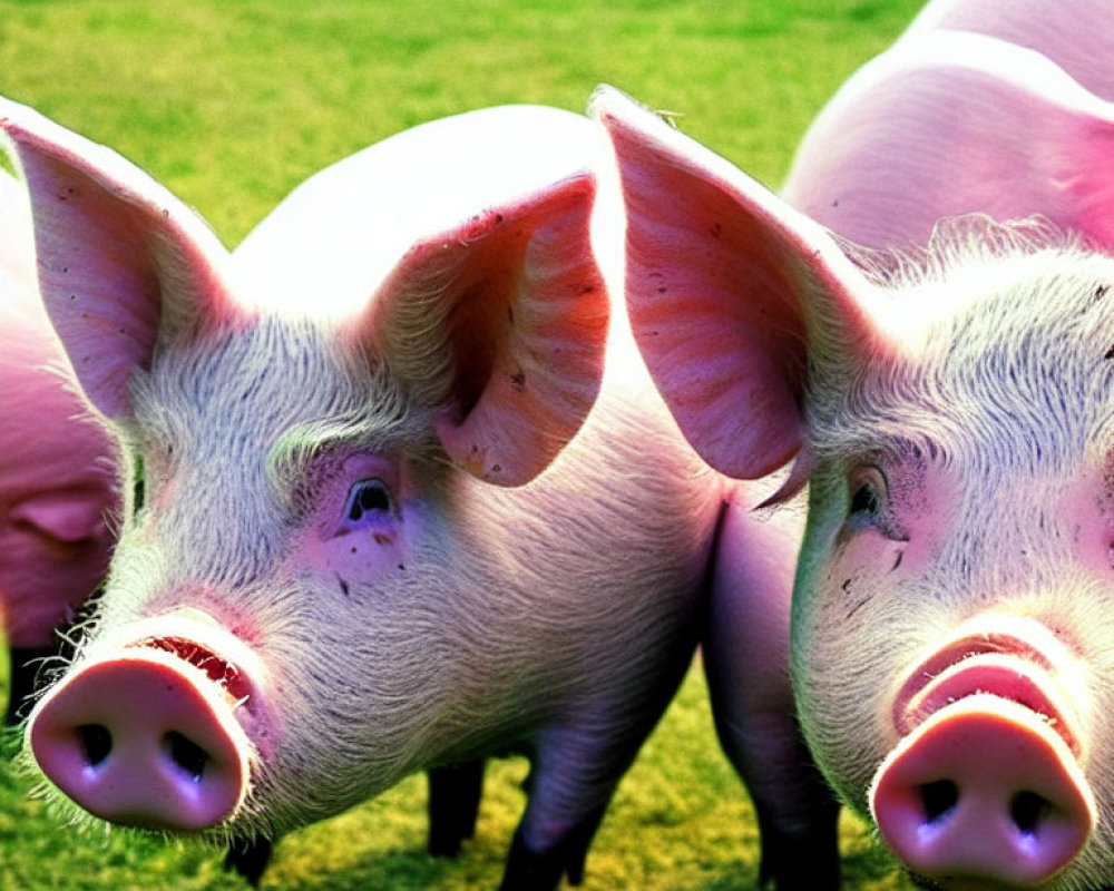 Two Pink Pigs with Prominent Snouts on Grass