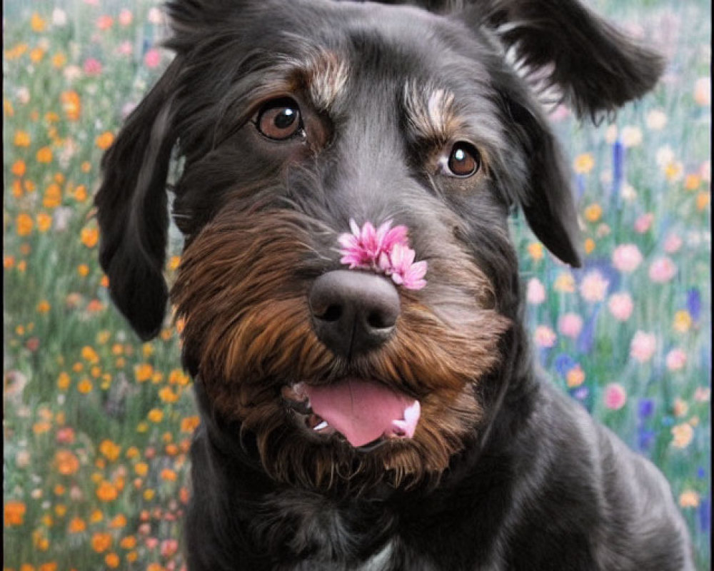 Black Dog with Pink Flower Sitting in Colorful Wildflower Field