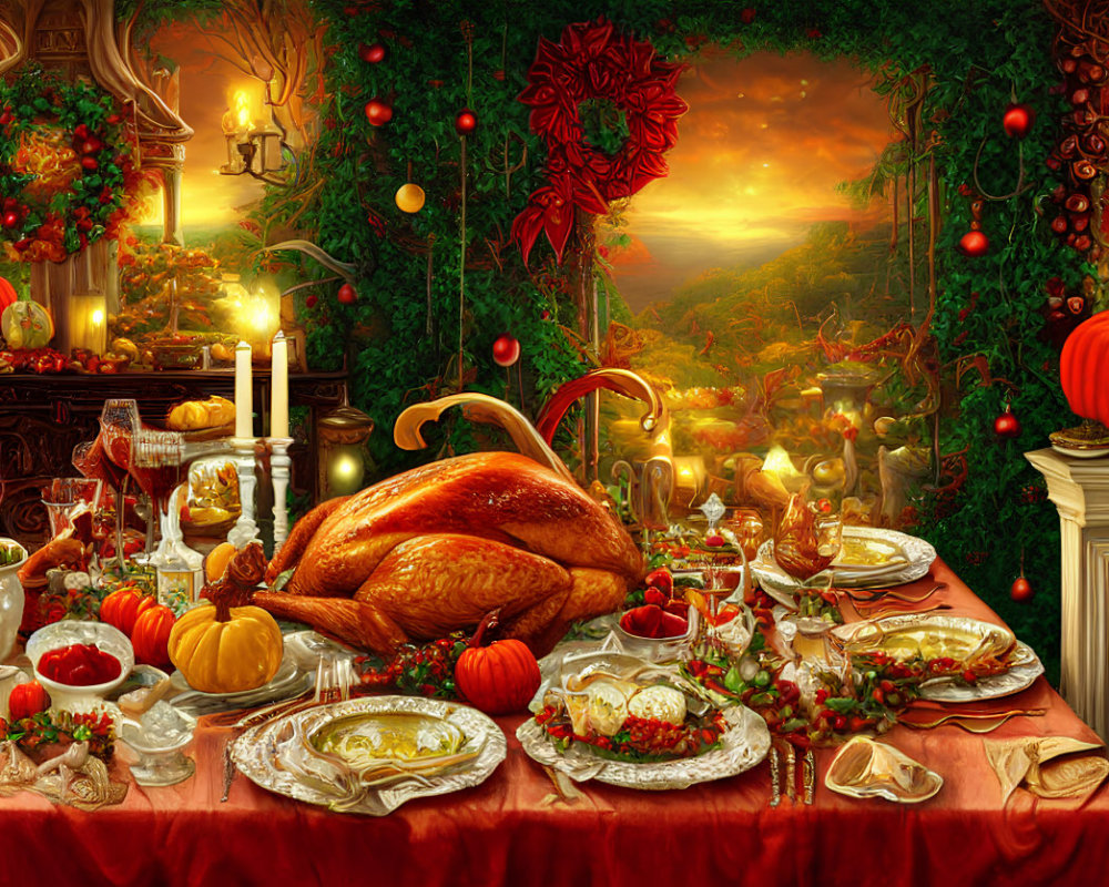 Thanksgiving table with roasted turkey, pumpkins, candles, and autumn decor