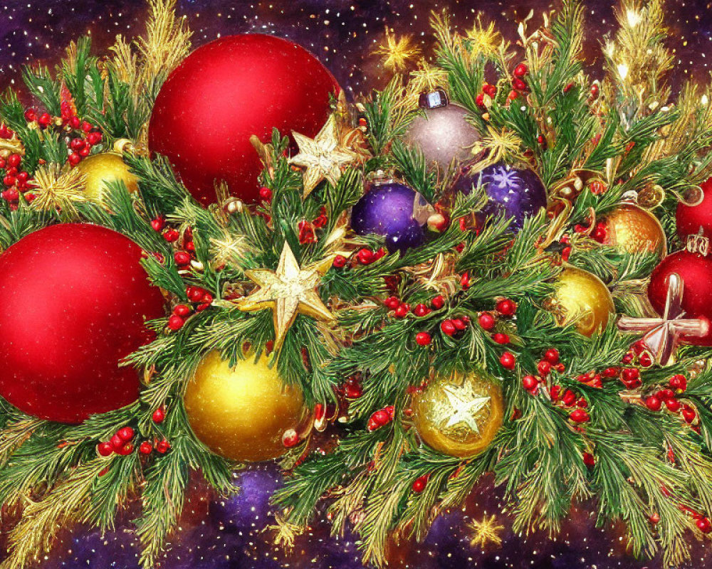 Intricate Christmas wreath with red, gold, and purple ornaments on golden background