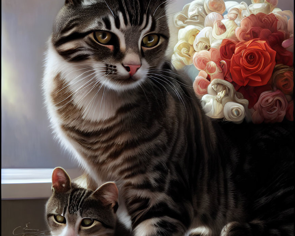 Realistic digital painting of two tabby cats with roses on windowsill