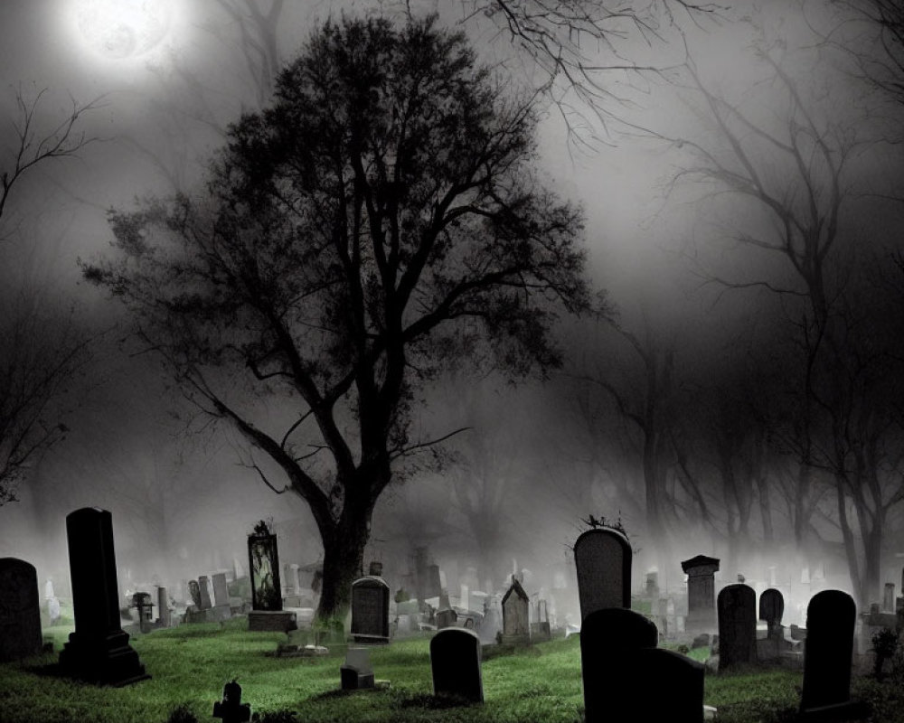 Foggy Moonlit Graveyard with Tombstones and Barren Tree