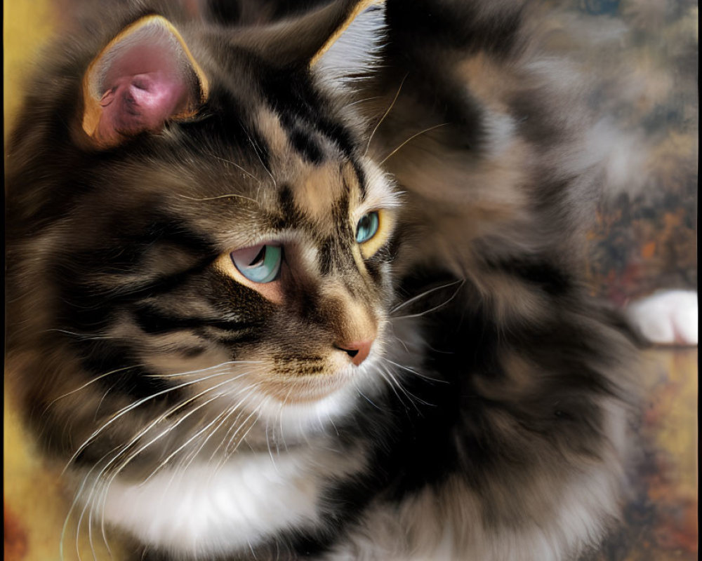 Long-haired cat with green eyes against abstract background