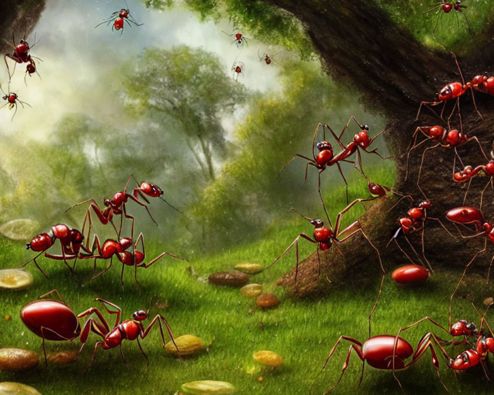 Vibrant green forest with oversized red ants and scattered coins