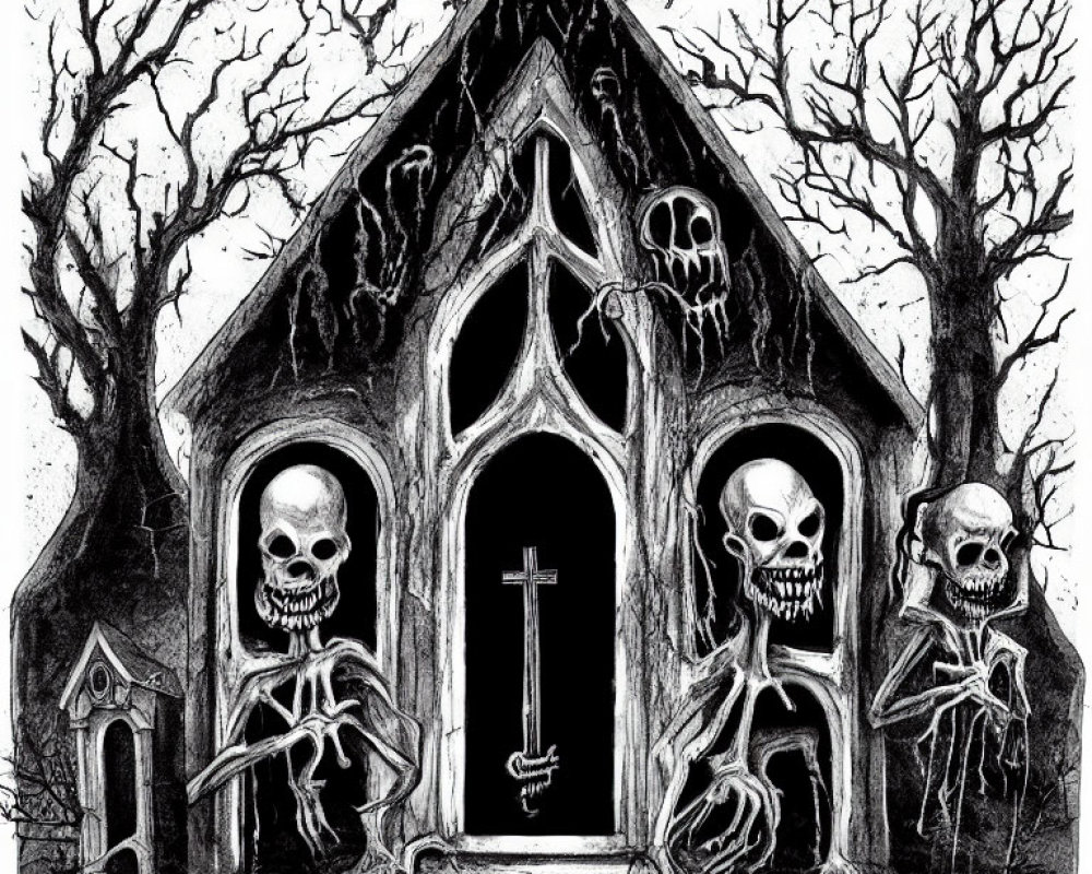 Monochrome spooky chapel illustration with skeletal figures and gothic architecture