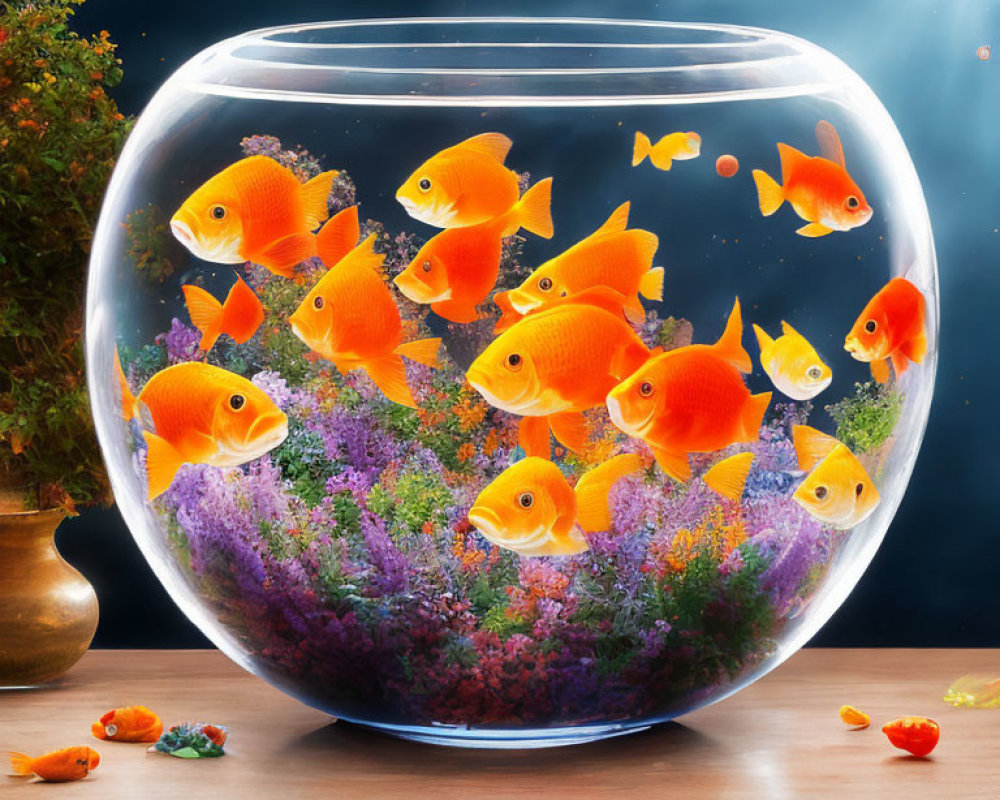 Colorful Fishbowl with Orange Goldfish and Purple Plants on Table with Starry Background