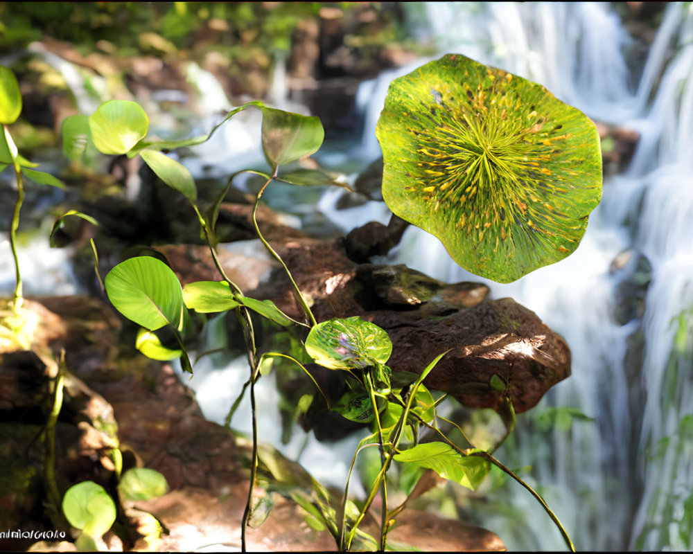 Green lily pad with unique patterning above stream and waterfall