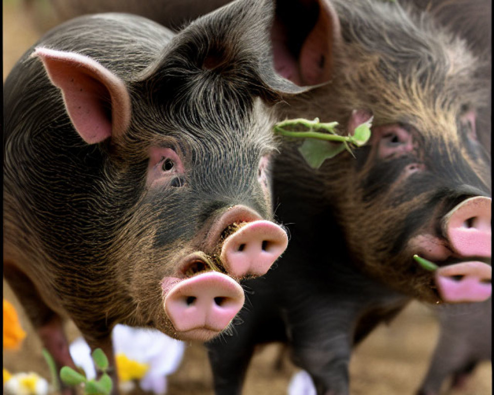 Shiny-coated pigs with prominent snouts in flower field.