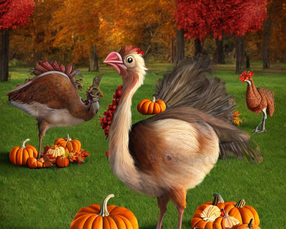 Whimsical digital artwork: anthropomorphic chickens in autumnal scene