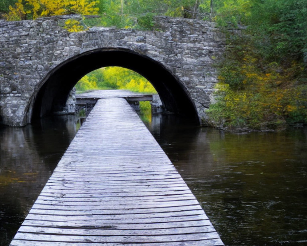 Wooden Dock Leading to Stone Arch Bridge over Tranquil River and Autumn Trees