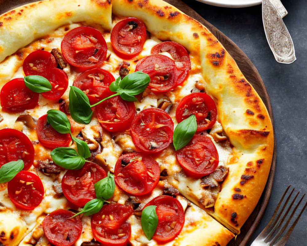 Fresh Pizza with Tomato, Basil, and Mushrooms on Dark Surface