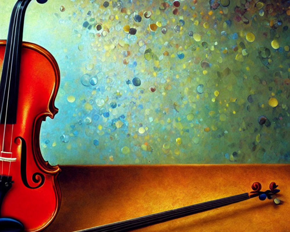 Colorful painting of violin and bow against bokeh circles