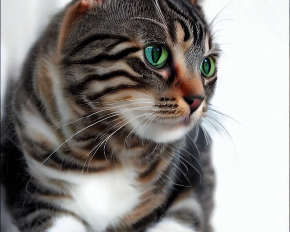 Striped cat with green eyes in bright interior setting