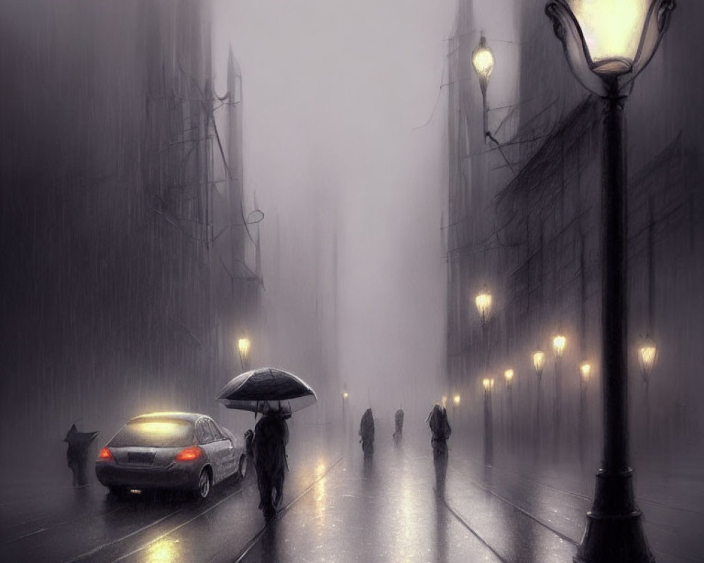 Rainy Dusk Street Scene with Glowing Lamps, Car, and Silhouetted Figures