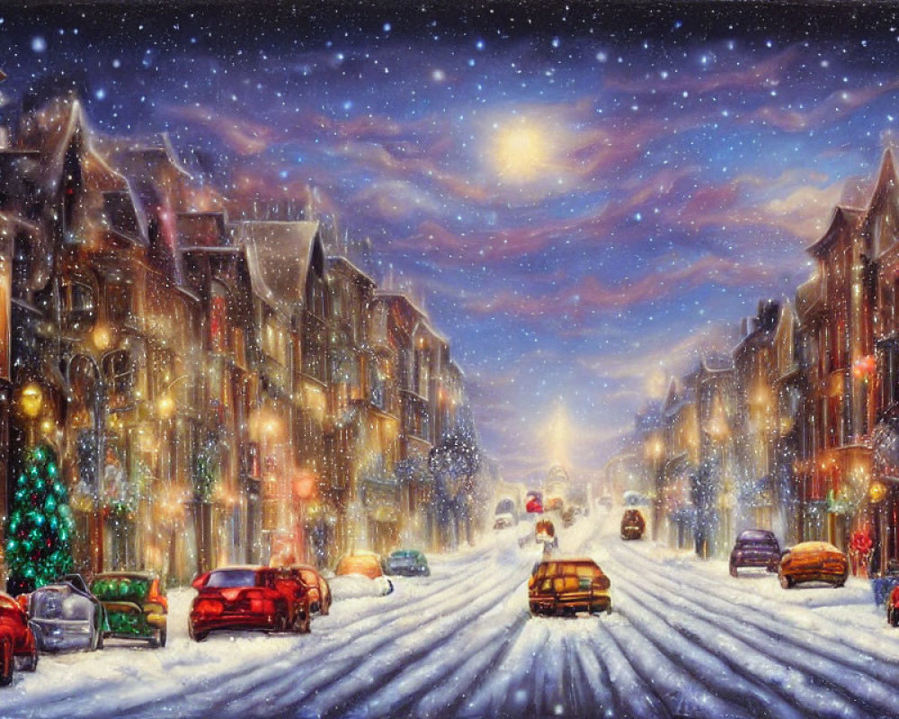 Victorian-style houses on snowy street at night with Christmas lights and starry sky