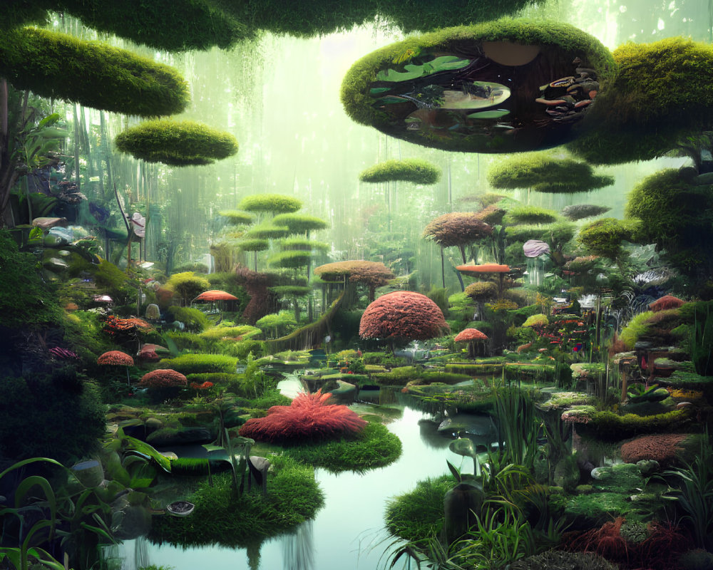 Vibrant forest with floating islands, mushroom-like flora, and serene pond