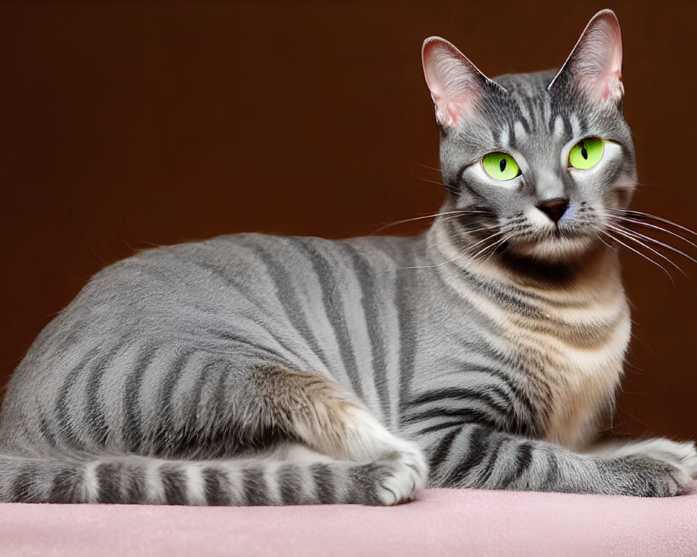 Gray Tabby Cat with Green Eyes Resting on Pink Surface Against Brown Background