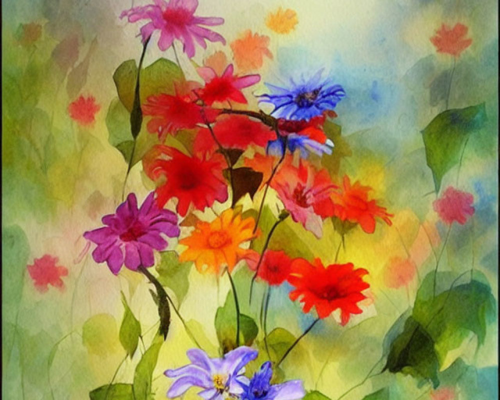 Colorful Watercolor Painting of Vibrant Flowers and Leaves on Soft Blurry Background