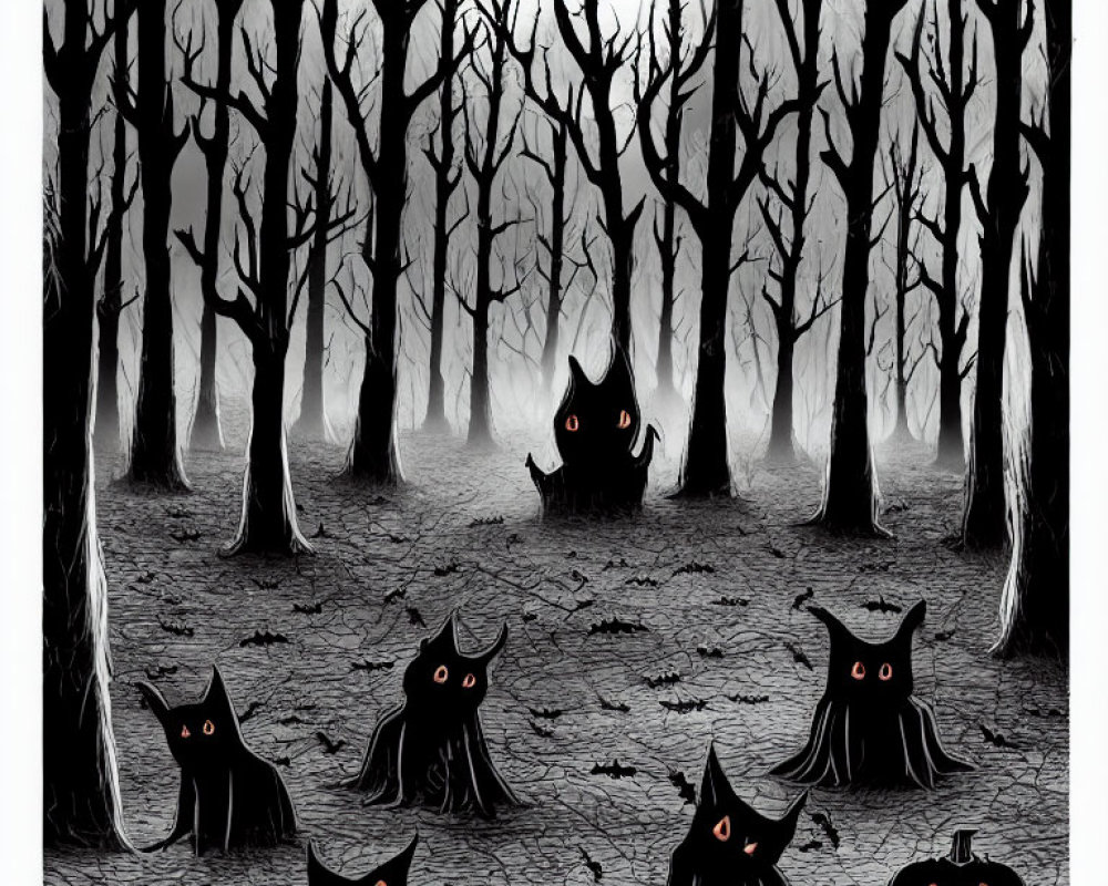 Monochrome spooky forest with cats, cloaks, and pumpkins