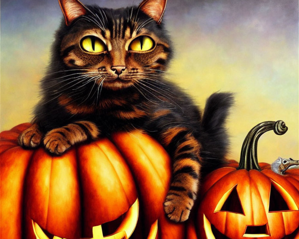 Striped cat on pumpkins with jack-o'-lantern and hidden mouse